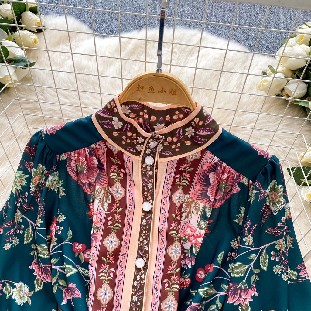 Women's Summer Dress Vintage Designer Print Mini Dresses Stand Collar Single Breasted Party Shirt Dress with Belt
