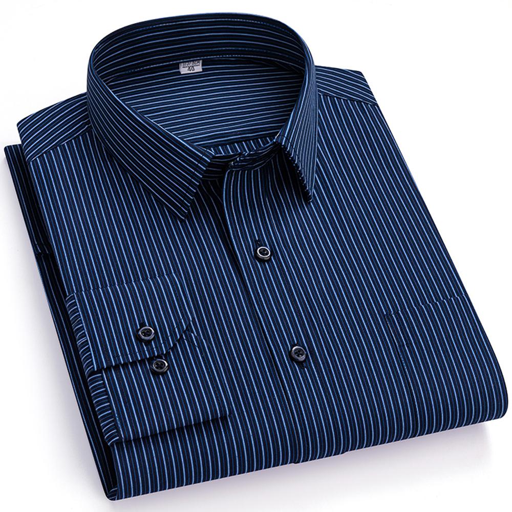 Men's Spread Collar Long Sleeve Striped Dress Shirt with Chest Pocket - Classic Business Formal for Office & Professional Wear