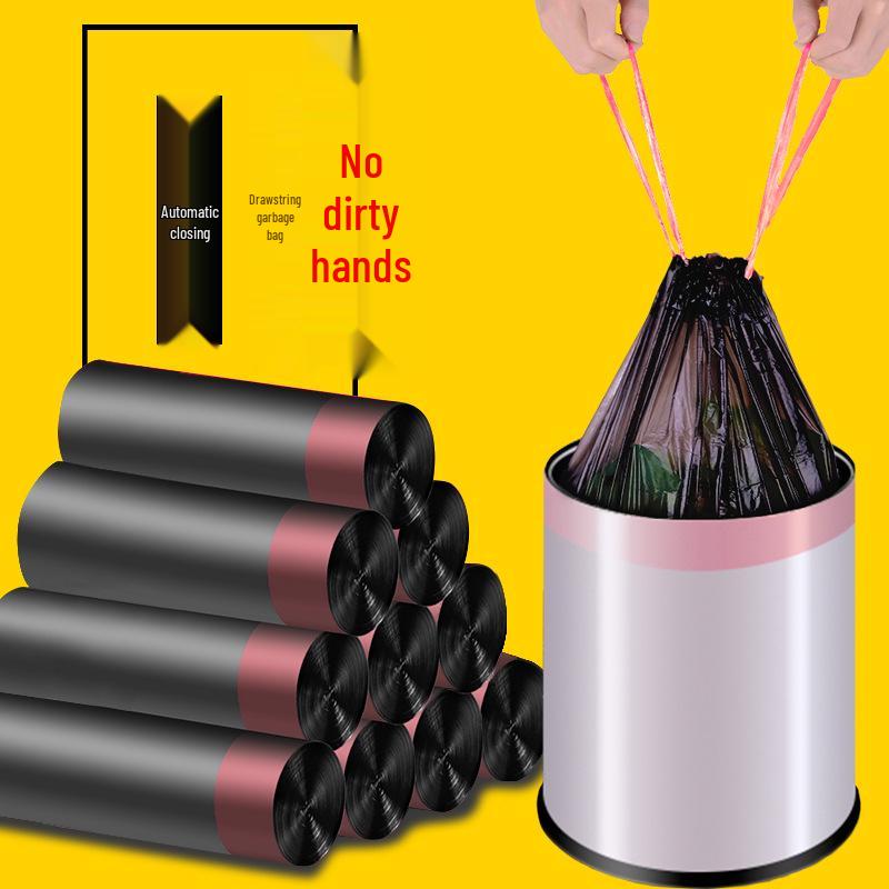 Thickened Black Drawstring Trash Bags for Kitchen & Dorm - Large Size, Pull-Up Closure