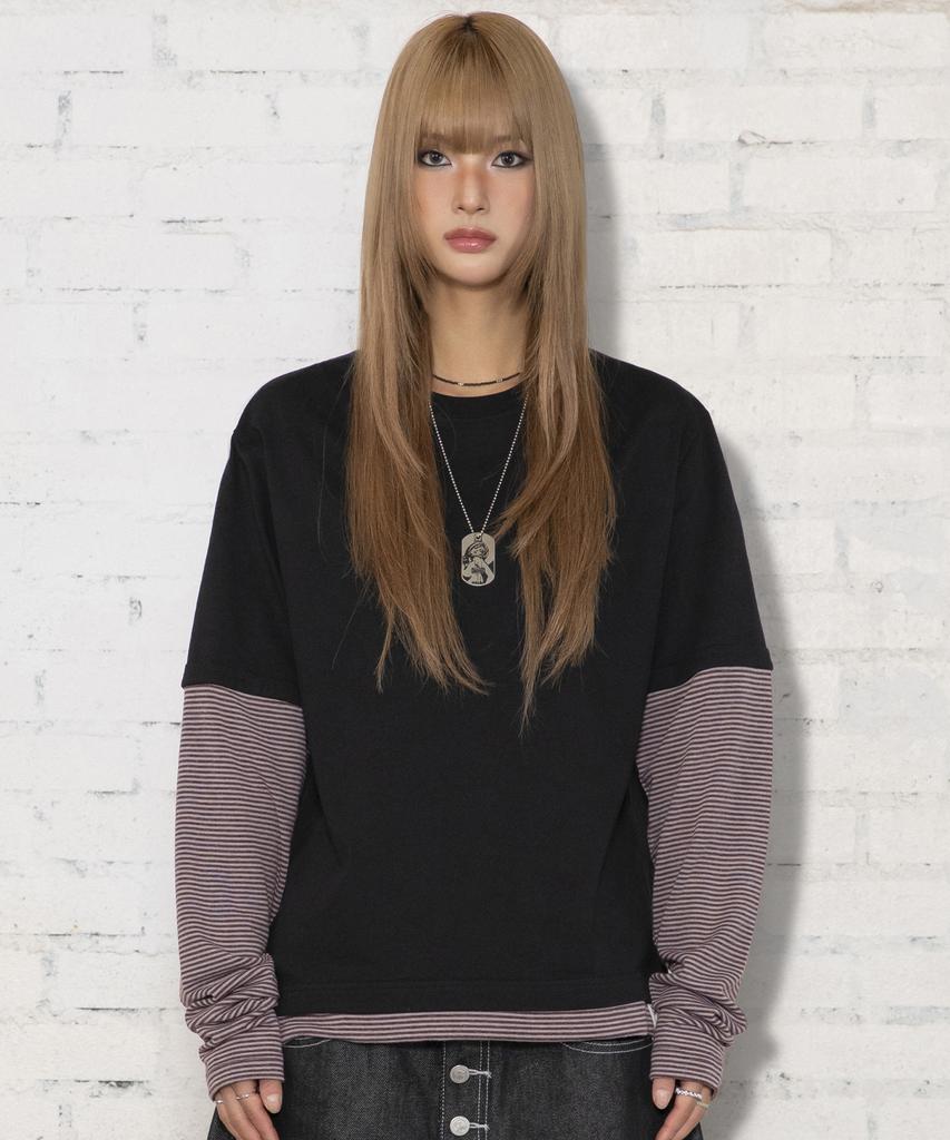 XTONZ Xtt166 Roll-Up Layered Crop Long Sleeve (Stripe Black)