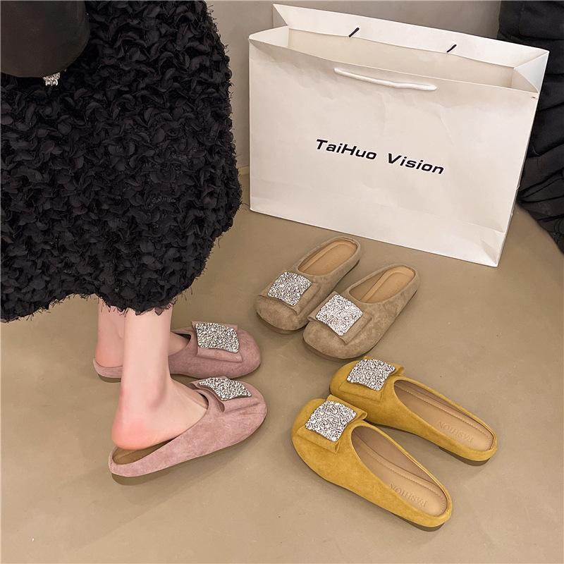 Baotou half slippers women's outer wear summer new one pedal with skirt rhinestone flat bottom sandals