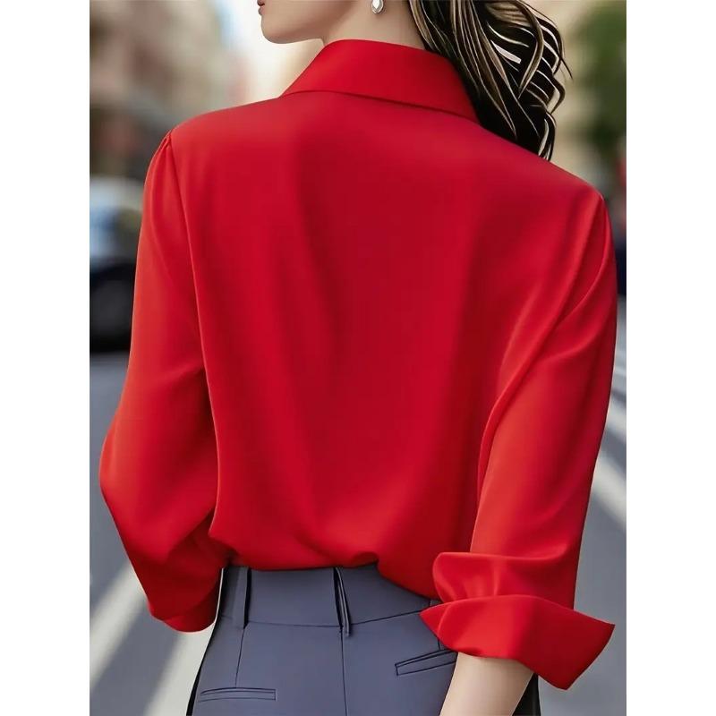 Women's Satin Shirts Elegant Plain Long Sleeve Blouse Office Lady Button-Up Shirt Top Female Lapel Neck Shirts Blouse Autumn