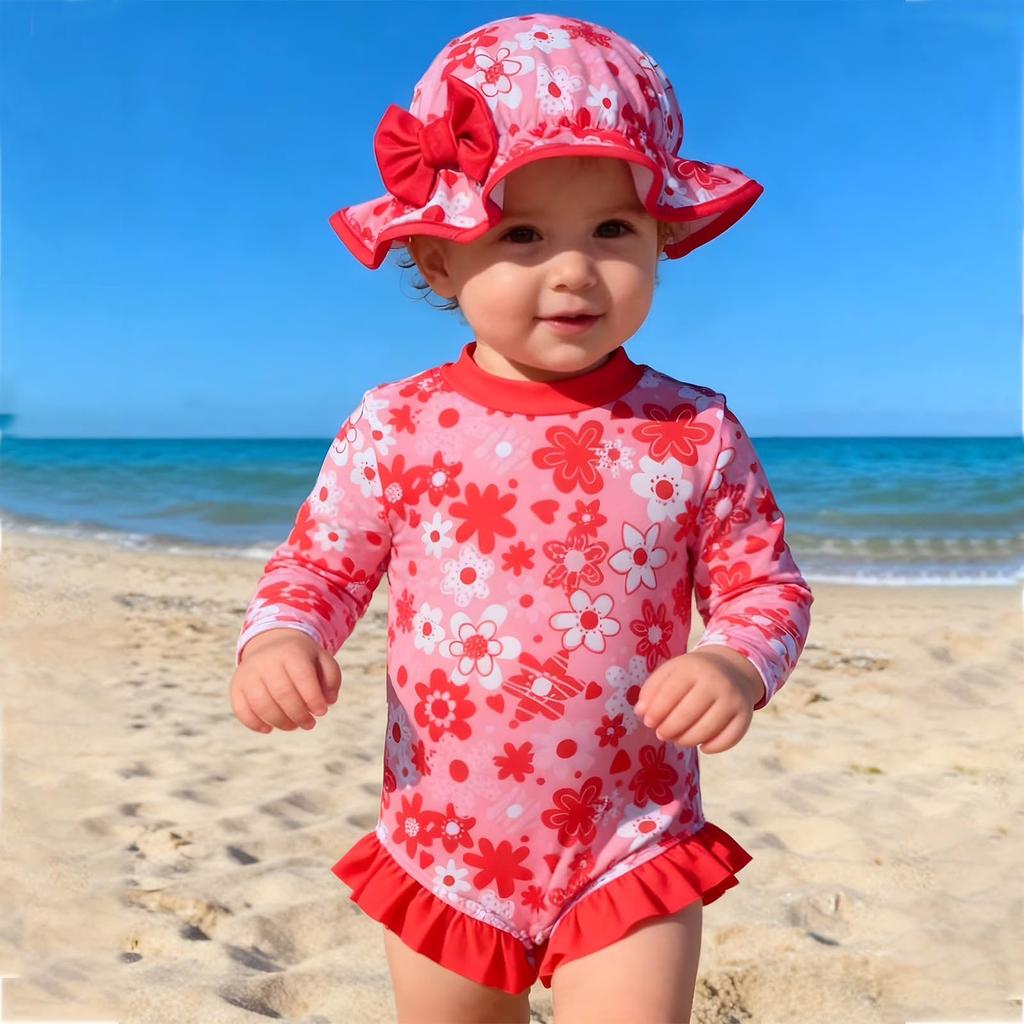 Infant Long Sleeve Snap Button One Piece Swimsuit with Matching Sun Hat Floral Print Baby Swimwear Set UV Protection