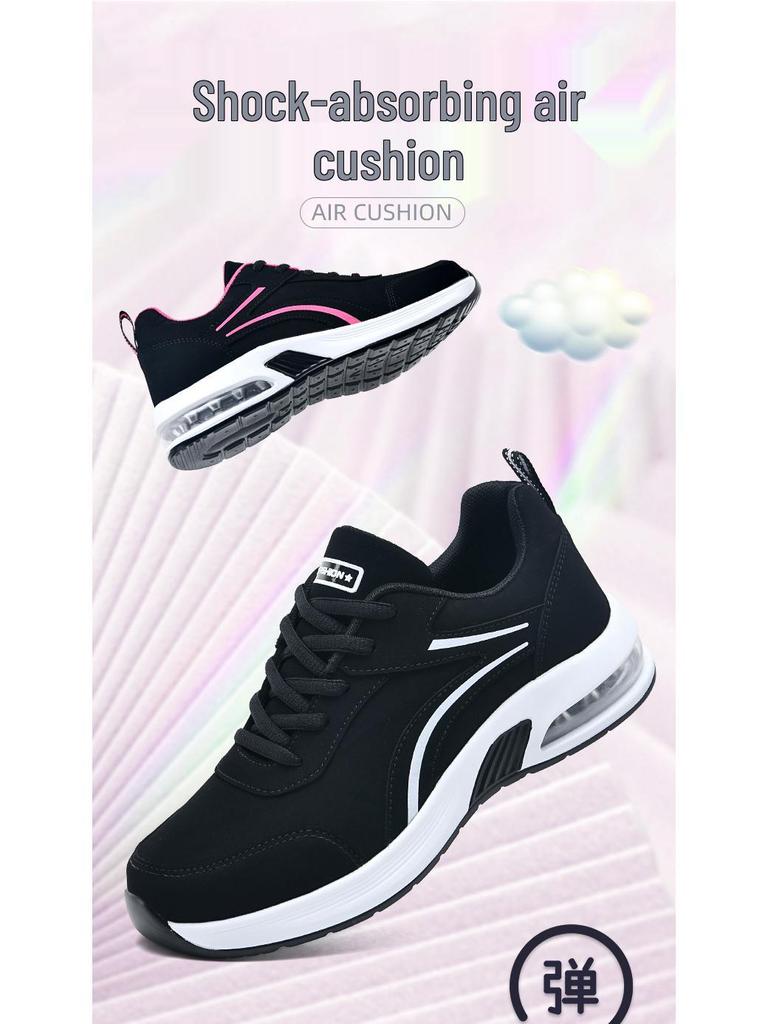 Women's Black Leather Air Cushion Sneakers: Autumn/Winter Casual, Thick Sole, Trendy Flat Heel Shoes