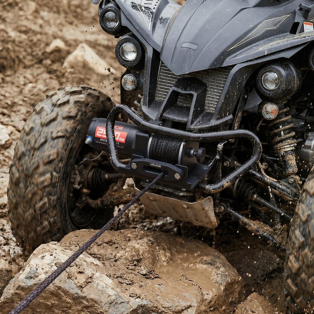 Wciągarka elektryczna 1134 kg, Wciągarka 12V DC do ATV/UTV z liną syntetyczną 4,8 mm x 12 m i przewodowym pilotem zdalnego sterowania, Wodoodporność IP55, Rolka prowadząca z aluminiową obudową
