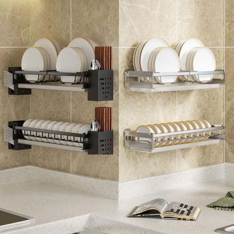 Dish Rack Wall Mounted Modern Kitchen Multifunctional Shelf Bowl Plate Drying Hanging Rack Chopsticks Fork Storage Shelves