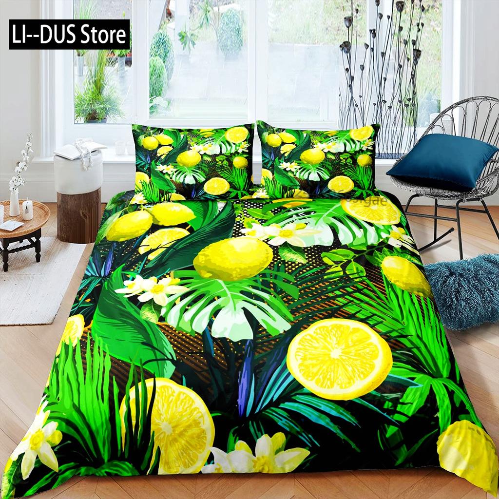 Nature Bedspread Lemon Tree Branches Gardening Design Decorative Quilted 3 Piece Coverlet Set with 2 Pillow Shams Full Size