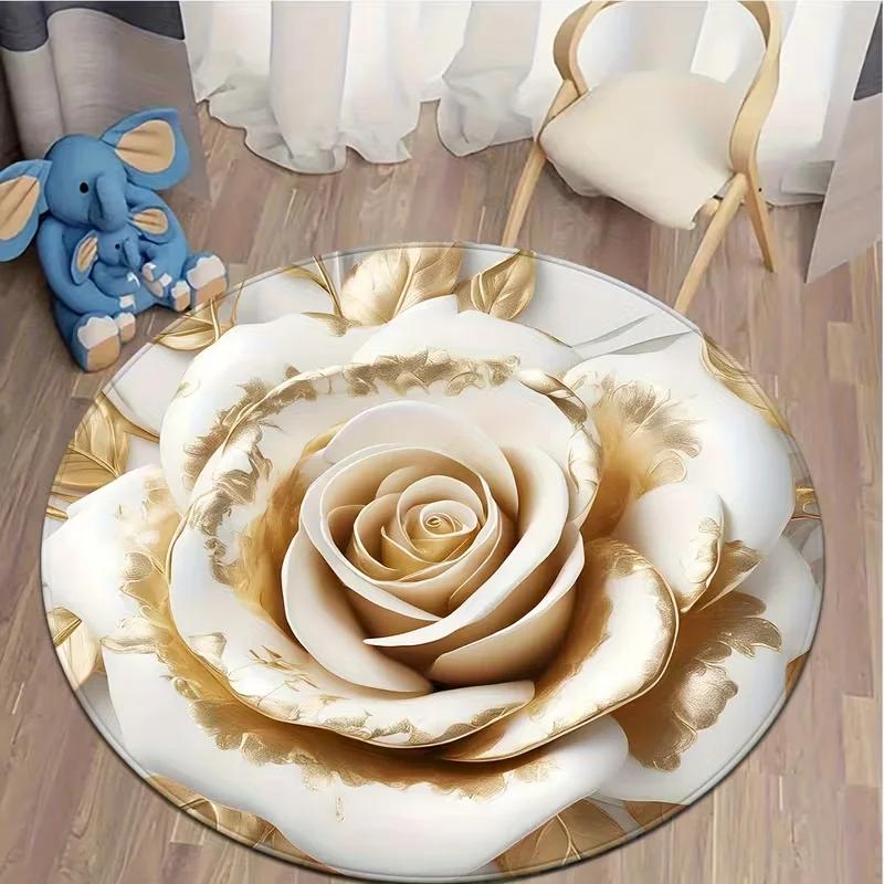 Soft Pink Rose Round Rug Realistic Flower Non Slip Floor Mat for Bedroom Living Room and Bathroom