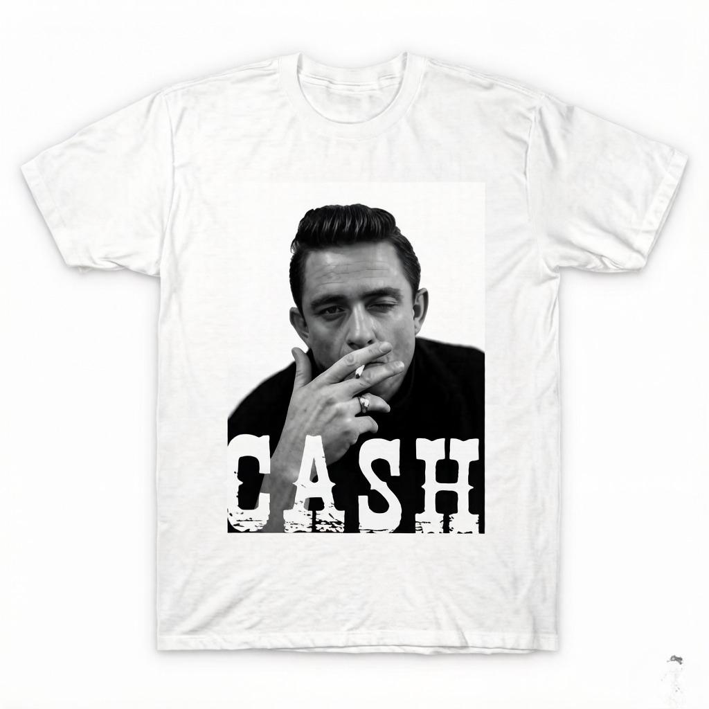 John Nis Unisexs Retro Pattern Print Tshirt Is Designed In The Style of Elvis Presley Featuring A Worn CASH Print In Black