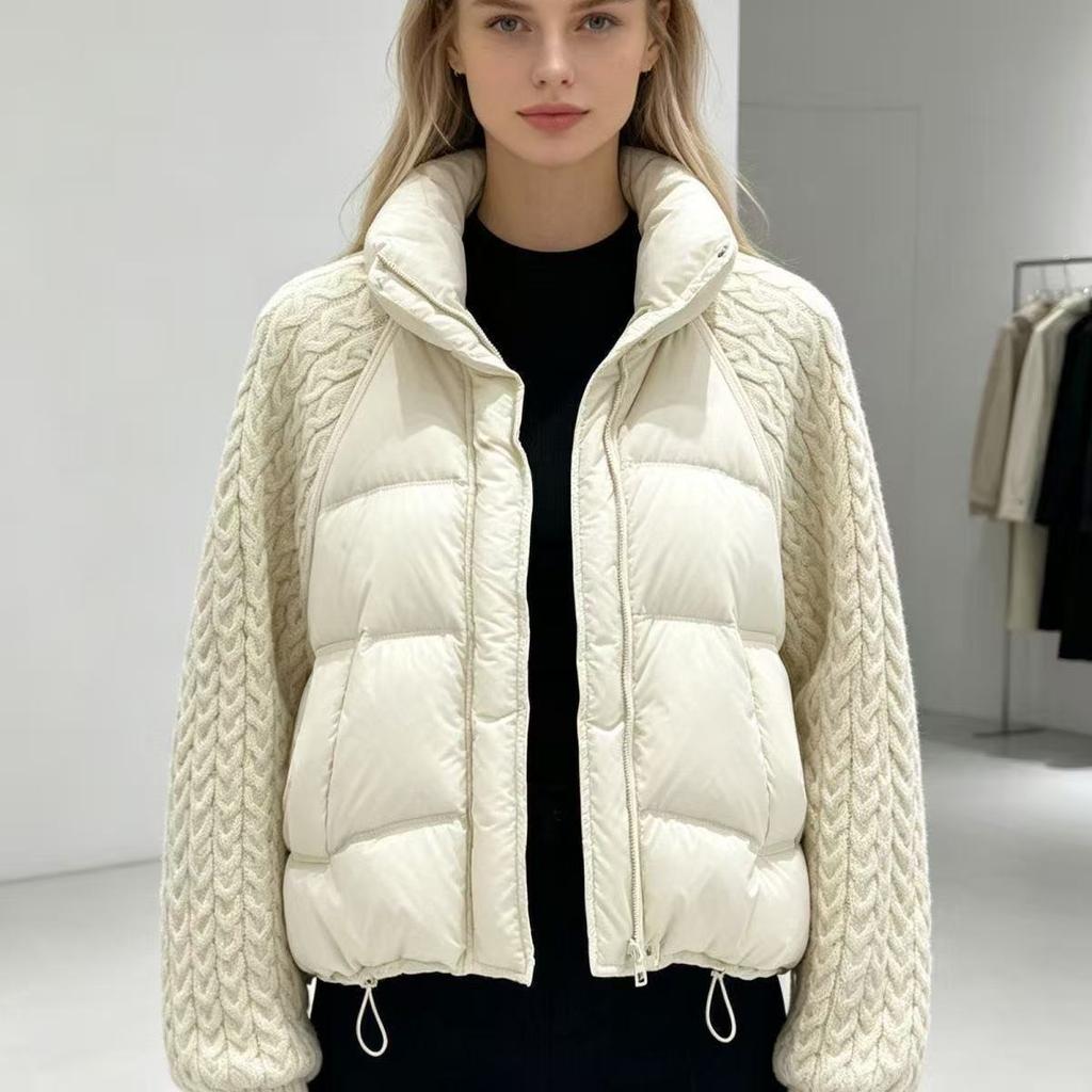 Winter neue Zopfstrickärmel-Patchwork-Baumwolljacke Damen Stehkragen kurz kleine Baumwolljacke