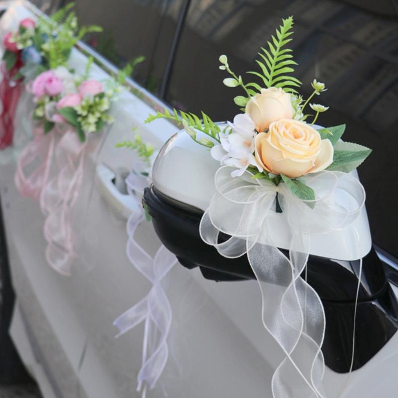 Elegant Blue Bridal Car Mirror Plant Ornament Synthetic Cloth Arrangement For Outdoor Wedding Event