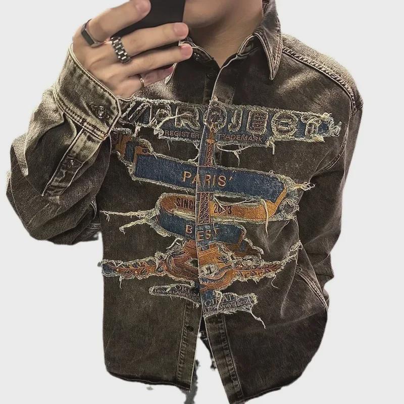 2025 New Style Distressed Embroidery Denim Jacket - Washed Long-Sleeve for Spring/Autumn