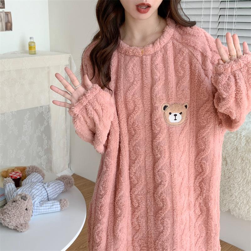 Pajamas for Women In Autumn and Winter Flannel Plus Velvet Long Sleeve Princess Style Loose Jacquard Coral Velvet Warm Home Clothing Set