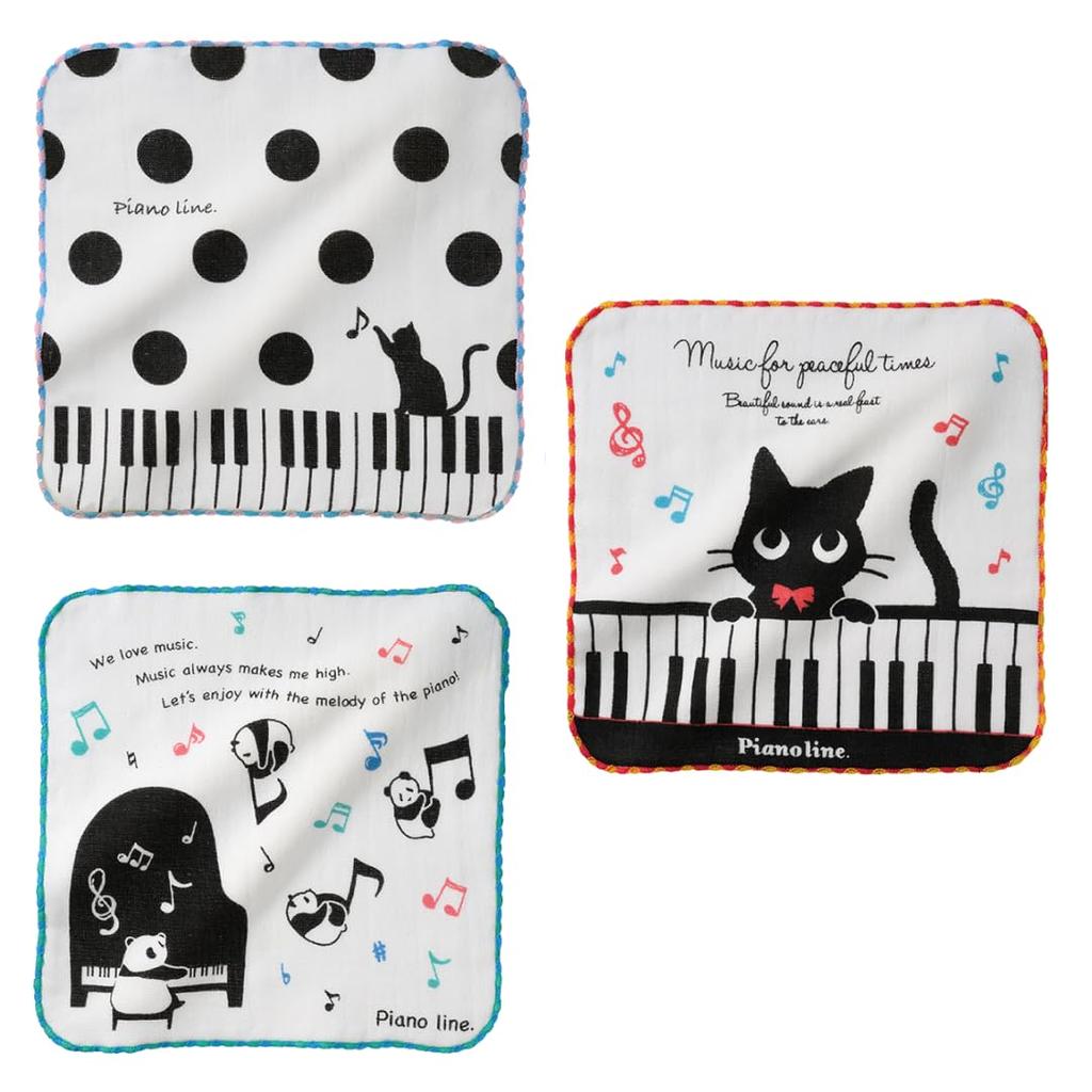 Set of 3 gauze handkerchiefs featuring musical and panda Perfect as a cat, note, piano, designs. gift.