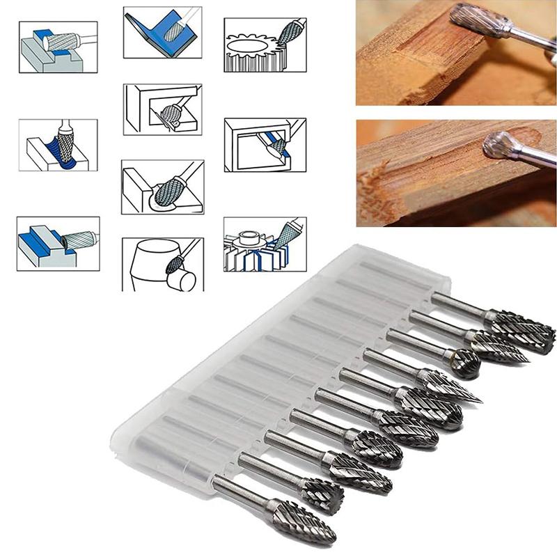 Double Cut Carbide Rotary Burr Set - 10 Pcs 1/8" Shank, 1/4" Head Length Tungsten Steel for Woodworking,Drilling, Metal Carving, Engraving, Polishing