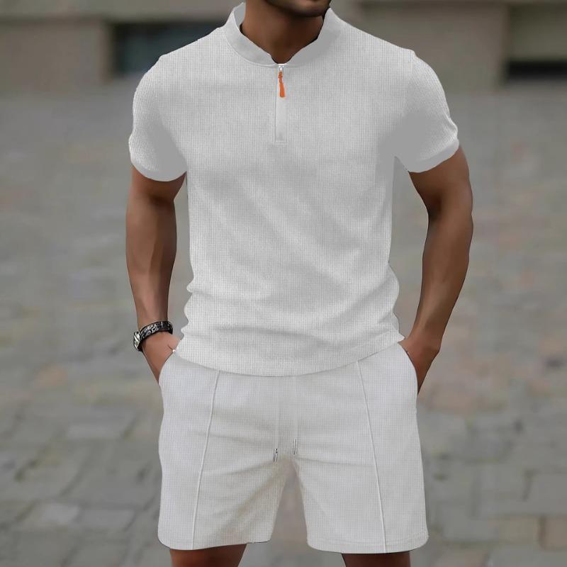 Men Casual Sports Waffle Short Sleeve And Shorts Two Piece Set