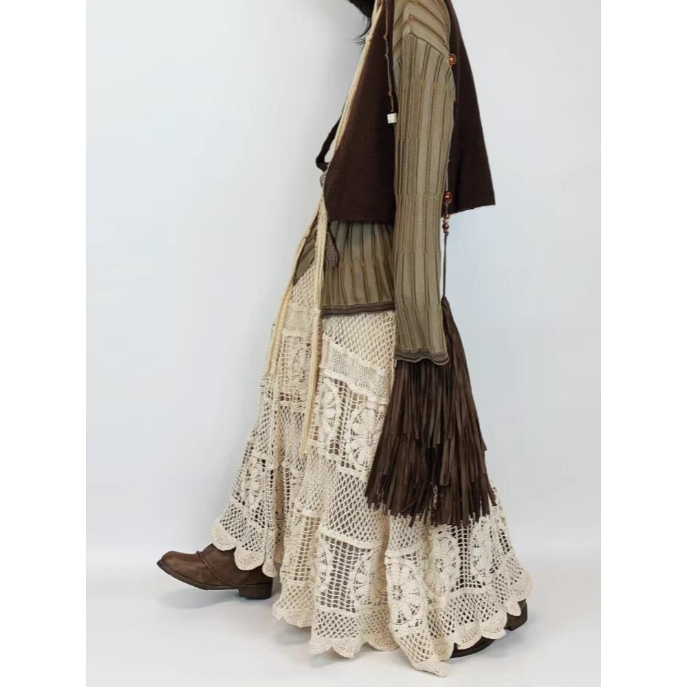 DIMANAF 2026 Neuer Rock Damen Strick Spitze Lang Spitze Durchbrochen Sexy Durchbrochen Sommer Stil Locker Basic