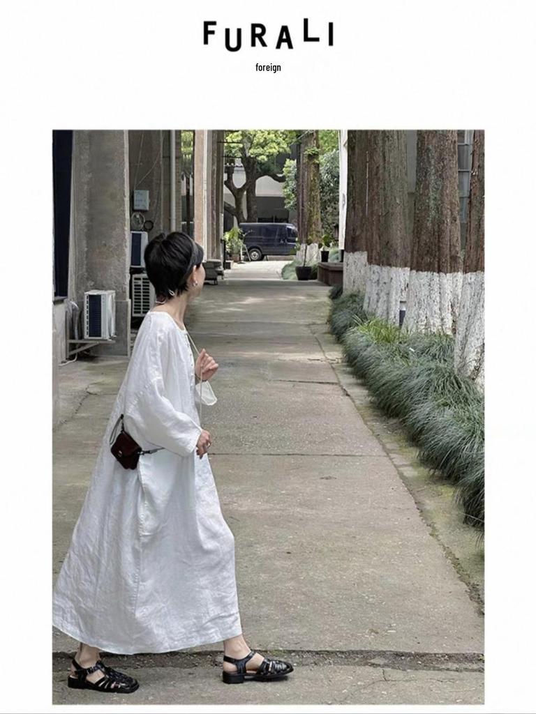 Högklassig lagerklänning i bomull och linne för kvinnor, japansk stil