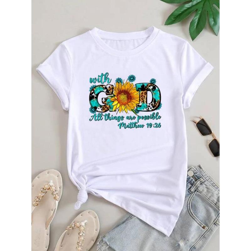(European Size) Lovely Cute Women Letter Flower Tee Top Clothing Casual Short Sleeve T Shirt Fashion Print Lady Female Graphic T-shirts