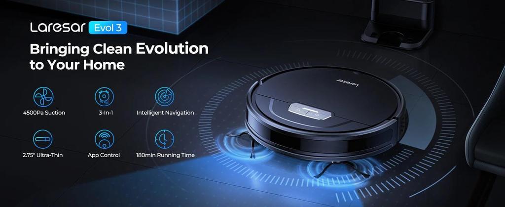 Evol 3 Robot Vacuum 4500Pa Suction Sweeping Robots Multifunctional Intelligent Sweeping Robot with Auto Carpet Boost