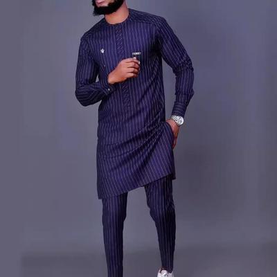 Conjunto Étnico Africano Masculino de 2 Peças com Listras e Manga Longa para Festival e Casamento
