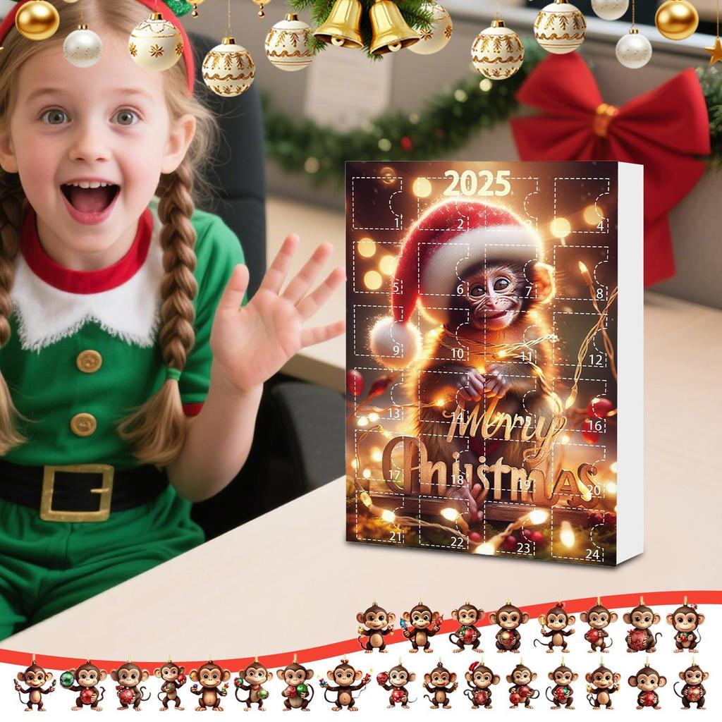 Christmas Countdown Calendar with Acrylic Monkey Pendants 2D Car Ornament 24-Day Advent Calendar for Holiday Offices Room