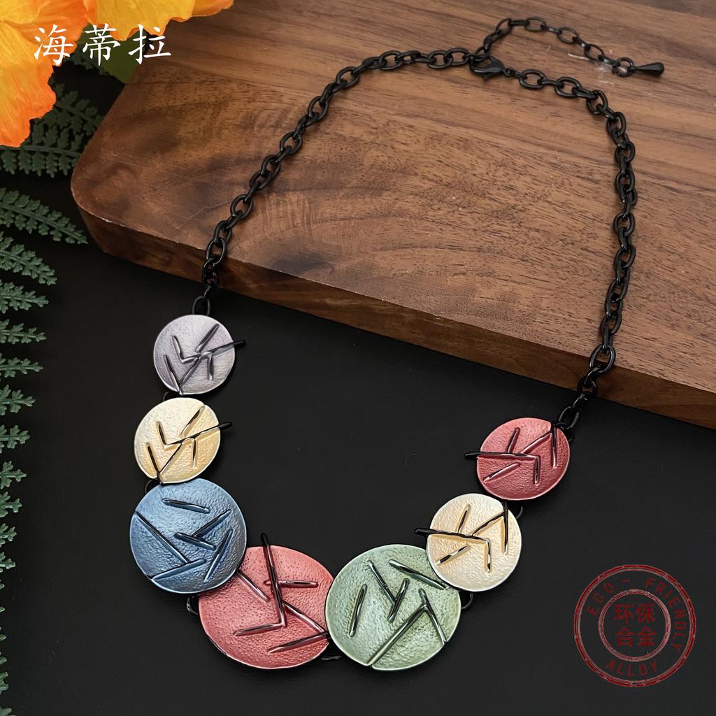 New Color Round Flower Necklace Earrings Jewelry Set Fashion High Sense Women's Versatile Jewelry