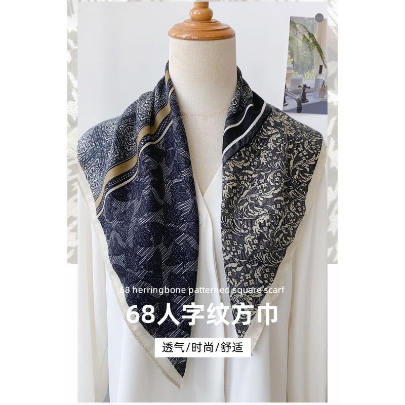 Women S Gray Blue Vintage Small Square Scarf For Neck Protection Decoration