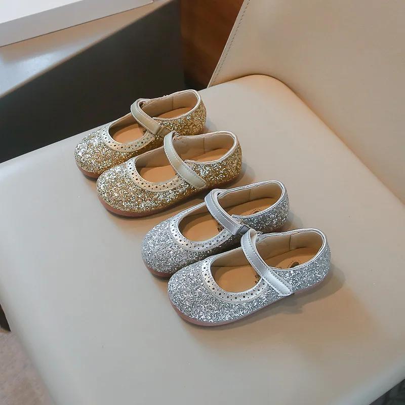 Girls Leather Shoes Children Flats Princess Spring Summer New Kids Dress Shoes for Wedding Party Bling Glitter H09054