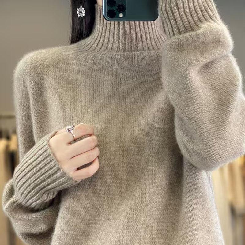 2024 Autumn/Winter Women’s Chic Wool Sweater, Slimming & Versatile, Half-High Neck, Loose Fit, Thickened Base Layer