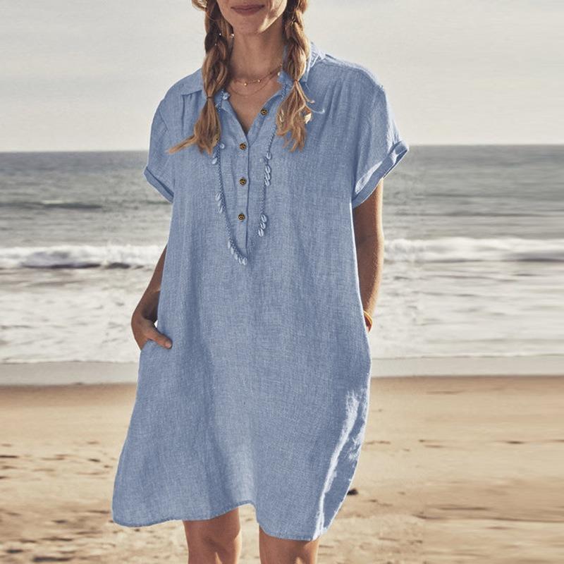 BITCED Fashion Summer Spring POLO Neck Short Sleeve Solid Color Print Casual Dresses