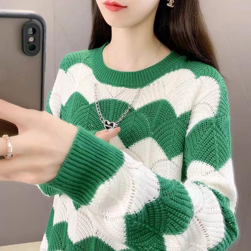 Aushöhlen Frühling Strickpullover Rundhals Locker Kontrastfarbiger Streifenpullover Damen Langärmlig Locker Vielseitig Temperamentvolles Oberteil