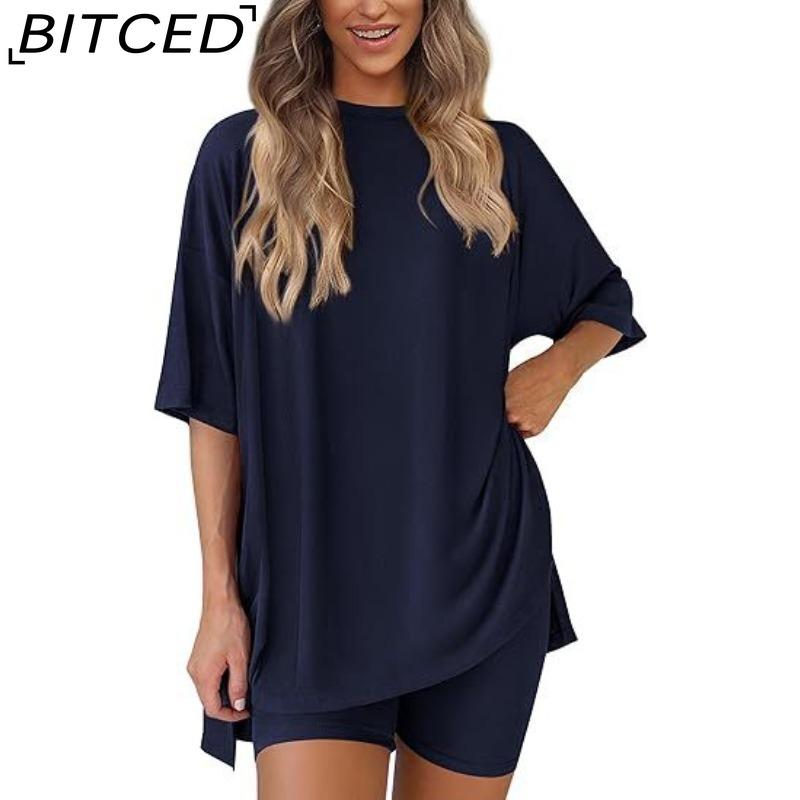 BITCED Women's Spring/Summer Loose-Fit Fashion Solid-Colour Casual Short-Sleeved Top and Shorts Two-Piece Set