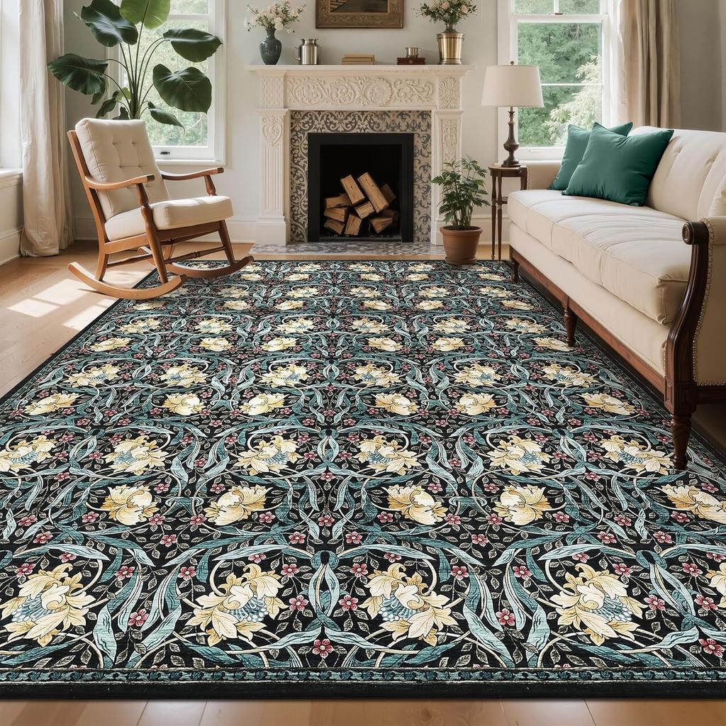 Large Living Room Carpet Retro Floral Washable Area Rug Soft Non-slip Bedroom Bedside Floor Mat Machine Washable Home Decor Rugs