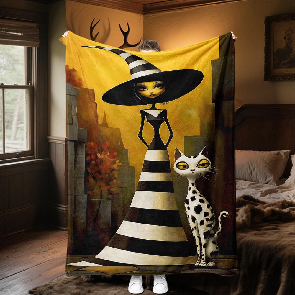 1pc witch, cat Outdoor Flannel Blanket Soft Warm All-Season Throw for Sofa Bed Car Camping Office, Cozy Gift Idea1148S