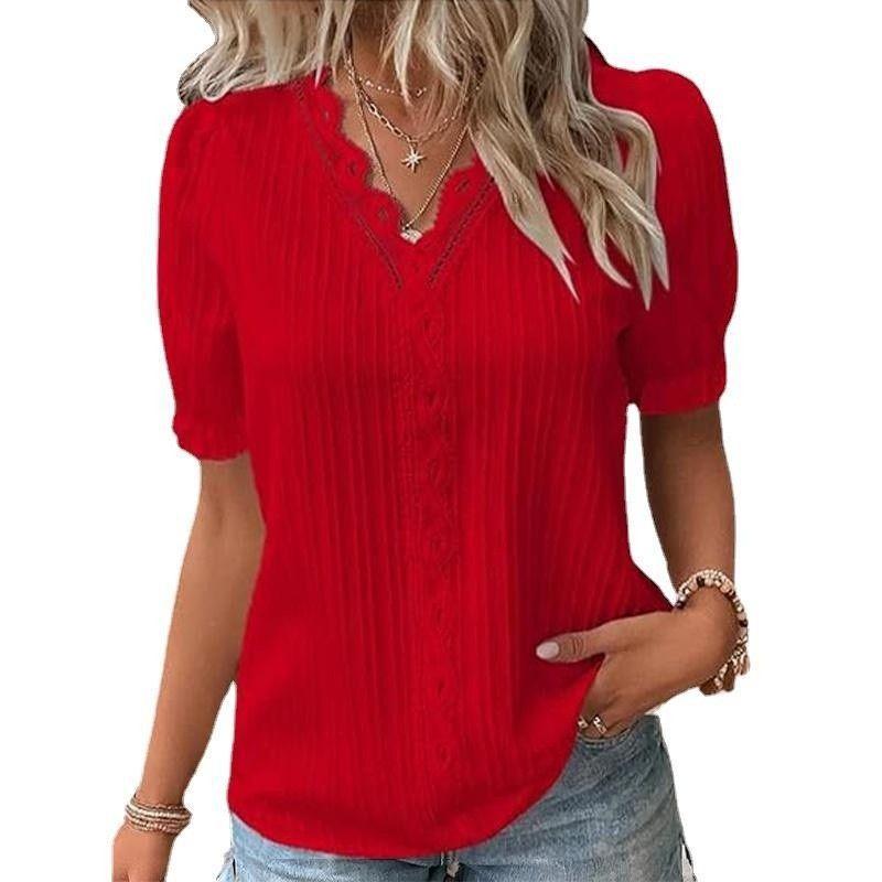 Summer New Vacation Fashion Hollow out Short sleeve European and American Women clothes V-neck Shirt Women's V-neck Shirt