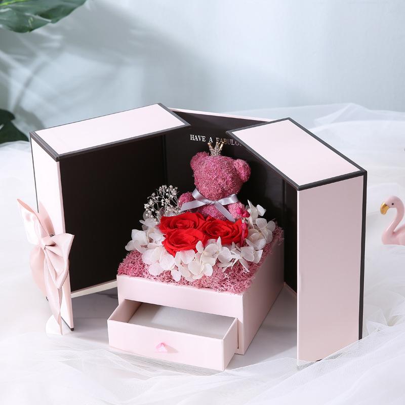 Creative Valentine s Day Bear Eternal Flower Gift Box Double Door Rose Necklace Jewelry Box Christmas Gift Lipstick Gift Box