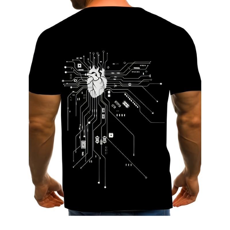 Casual Men T-Shirt Creative 3D Mechanical Heart Chip Pattern Print Short Sleeve Round Neck Summer Cool Harajuku Style Tee Tops Male Clothing