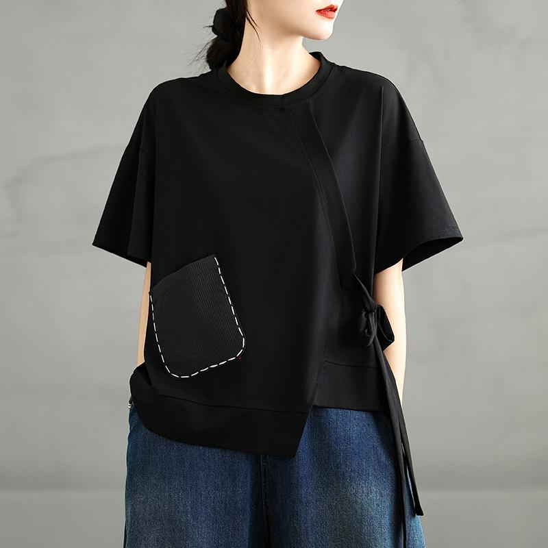 Dimanaf 2025 Summer T-Shirt Plus Size Women Solid Casual  Asymmetrical Short Sleeve Loose