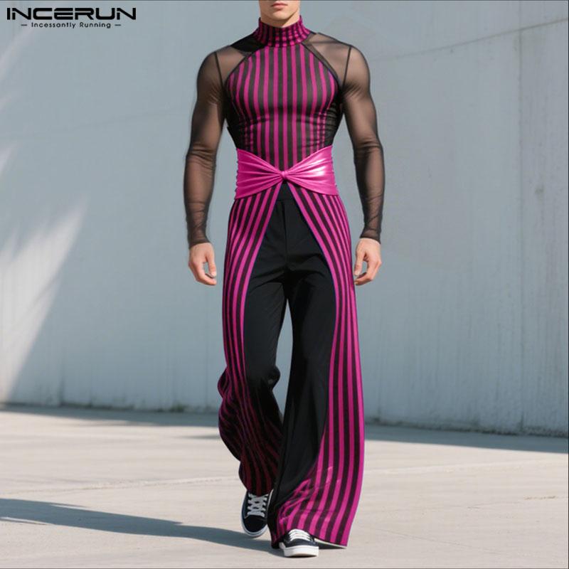 INCERUN Two-piece Men Long Sleeve Striped Mesh Sheer Crop Tops Bow Elastic Waist Pants Sets