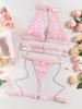 Sexy Halter Heart Ring Cutout Chain Floral Lace Sheer Garter Belt Lingerie Set 3 Piece