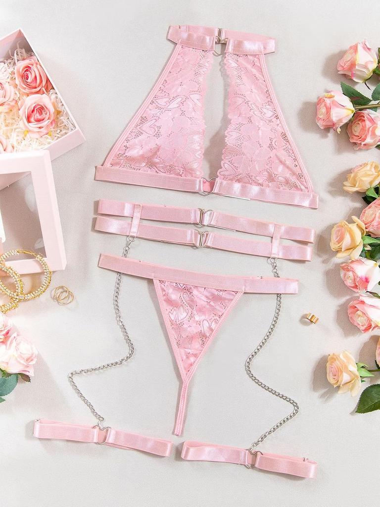 Sexy Halter Heart Ring Cutout Chain Floral Lace Sheer Garter Belt Lingerie Set 3 Piece