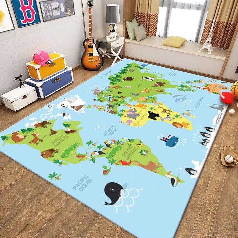Blue World Map Carpet Mat - Animal Decoration Children's Room Learning Area Geographical Continent Ocean Pattern Decoration Rug