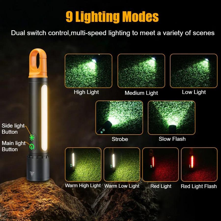 New Multifunctional Flashlight with Side Floodlights Telescopic Zoom Outdoor Portable LED Flashlight Carrying Tail Hook