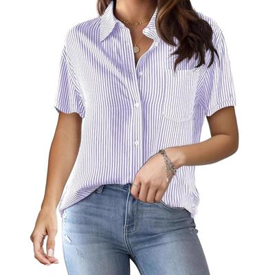 Women's Spring and Summer New Printed Striped Cardigan Tops Casual Fashion Short-sleeved Shirt