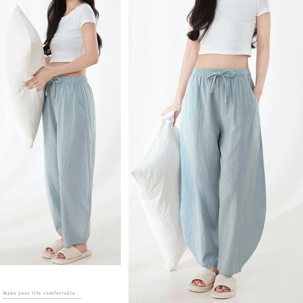 Pajama Double Wide Solid Blue [Yes family] Women's Pants, Gauze, 100% Cotton, Leg, Color, Large,