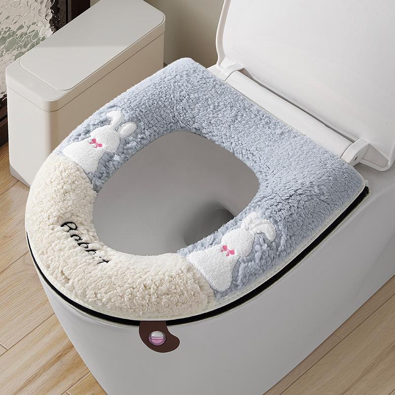 

Double White Rabbit Lamb Fleece Zipper Toilet Cushion Cartoon Toilet Cushion Toilet Cover