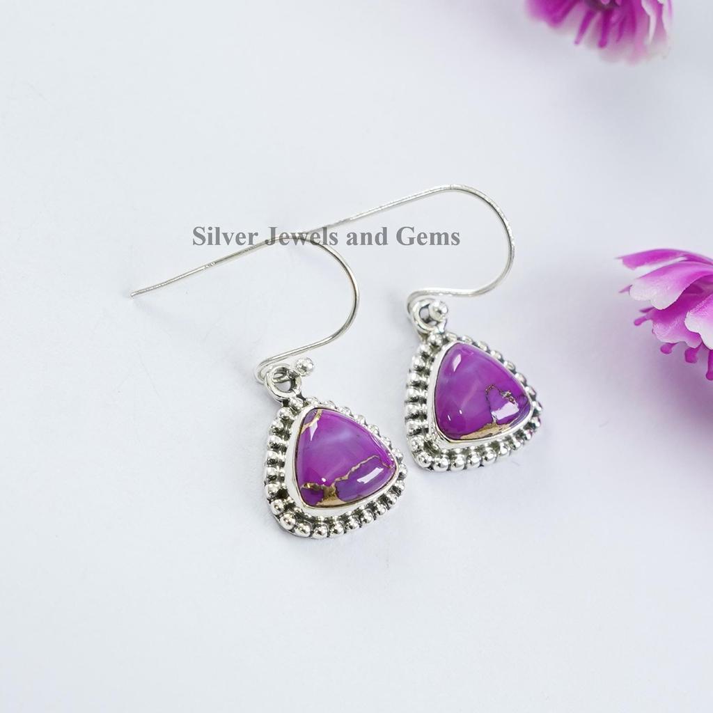 Purple Copper Turquoise Earrings, Handmade 925 Sterling Silver Earring, Trilliant Turquoise Earrings, Birthday Gift