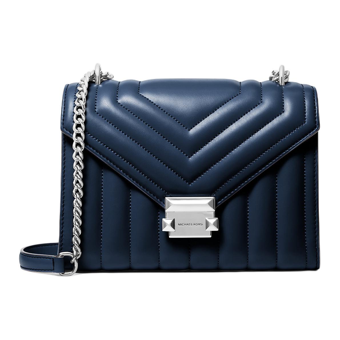 

Michael Kors MK Whitney Letter Logo Silver Hardware PU Envelope Crossbody Shoulder Bag Medium Women bags Navy-Blue 35R4SWHL6U-NAVY Basic Set (Bag+Dust Bag)