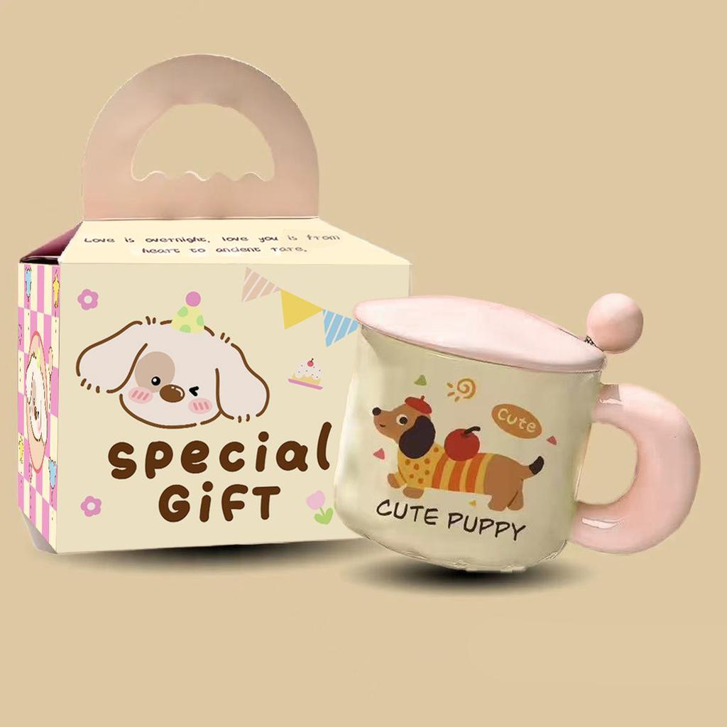 Cute Cartoon Puppy Ceramic Cup High Looking Mug Cup with Lid Spoon Water Cup Birthday Gift for Girls and Children